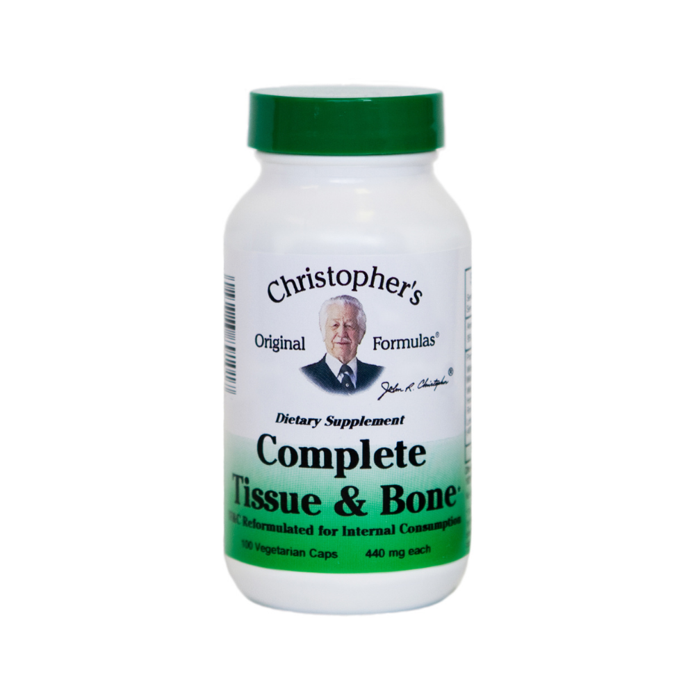 Supplement bottle labeled 'Christopher's Original Formulas Complete Tissue & Bone' on a white background
