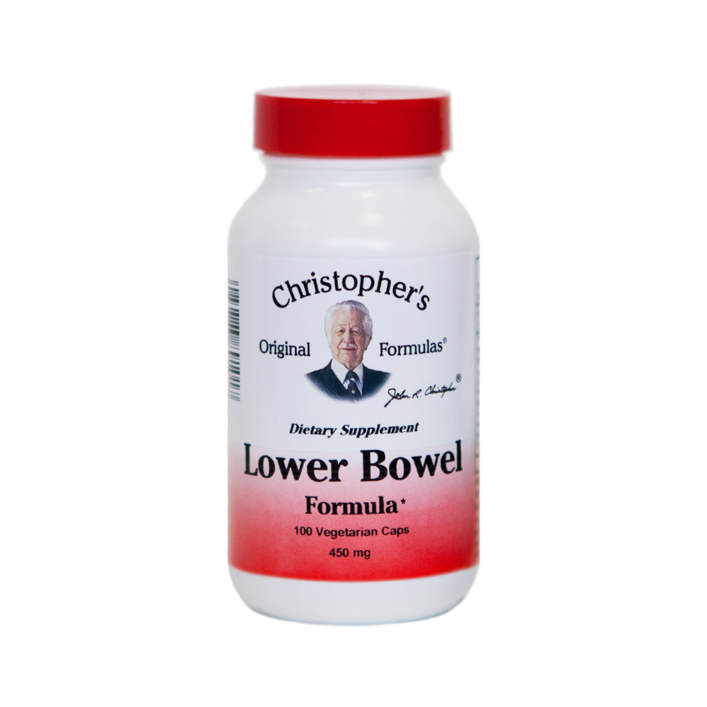 Supplement bottle labeled 'Christopher's Original Formulas Lower Bowel Formula' on a white background