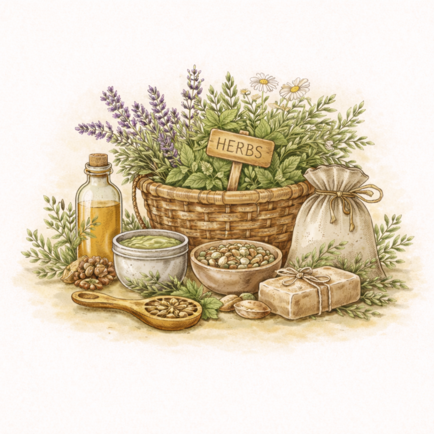 Watercolor illustration of a rustic basket filled with fresh herbs, surrounded by jars, oils, and natural apothecary ingredients on a soft cream background.