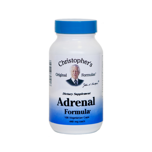 Supplement bottle labeled 'Christopher's Original Formulas Adrenal Formula' on a white background