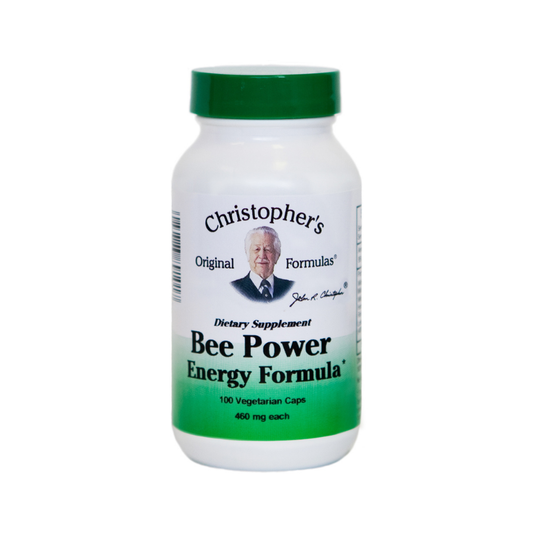 Bottle of Christopher's Bee Power Energy Formula dietary supplement on a white background