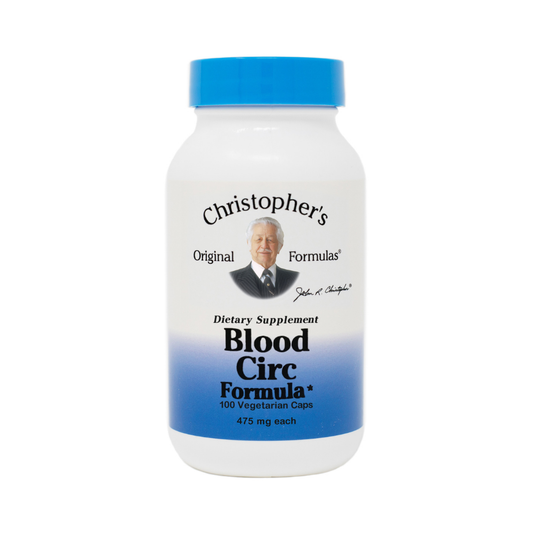 Supplement bottle labeled 'Christopher's Original Formulas Blood Circ Formula' on a white background