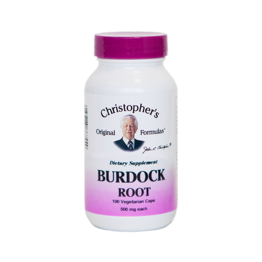 Bottle of Christopher's Original Formulas Burdock Root dietary supplement on a white background