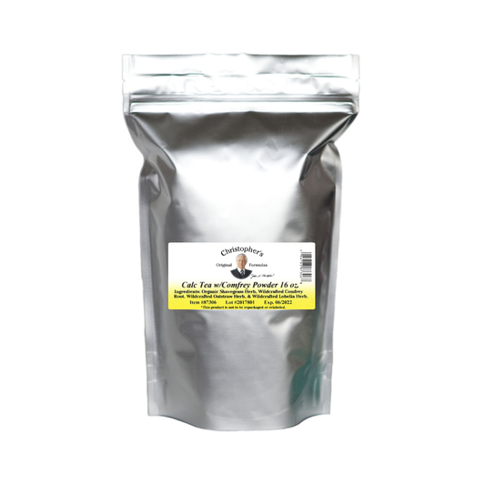 Silver packaging of Cale Tea Comfrey Powder with a label on a white background