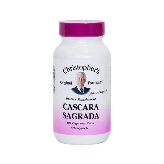 Supplement bottle labeled 'Cascara Sagrada' with a purple cap on a white background