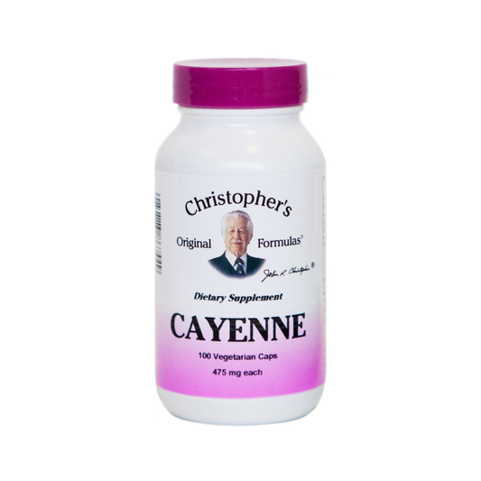 Supplement bottle labeled 'Christopher's Original Formulas Cayenne' on a white background