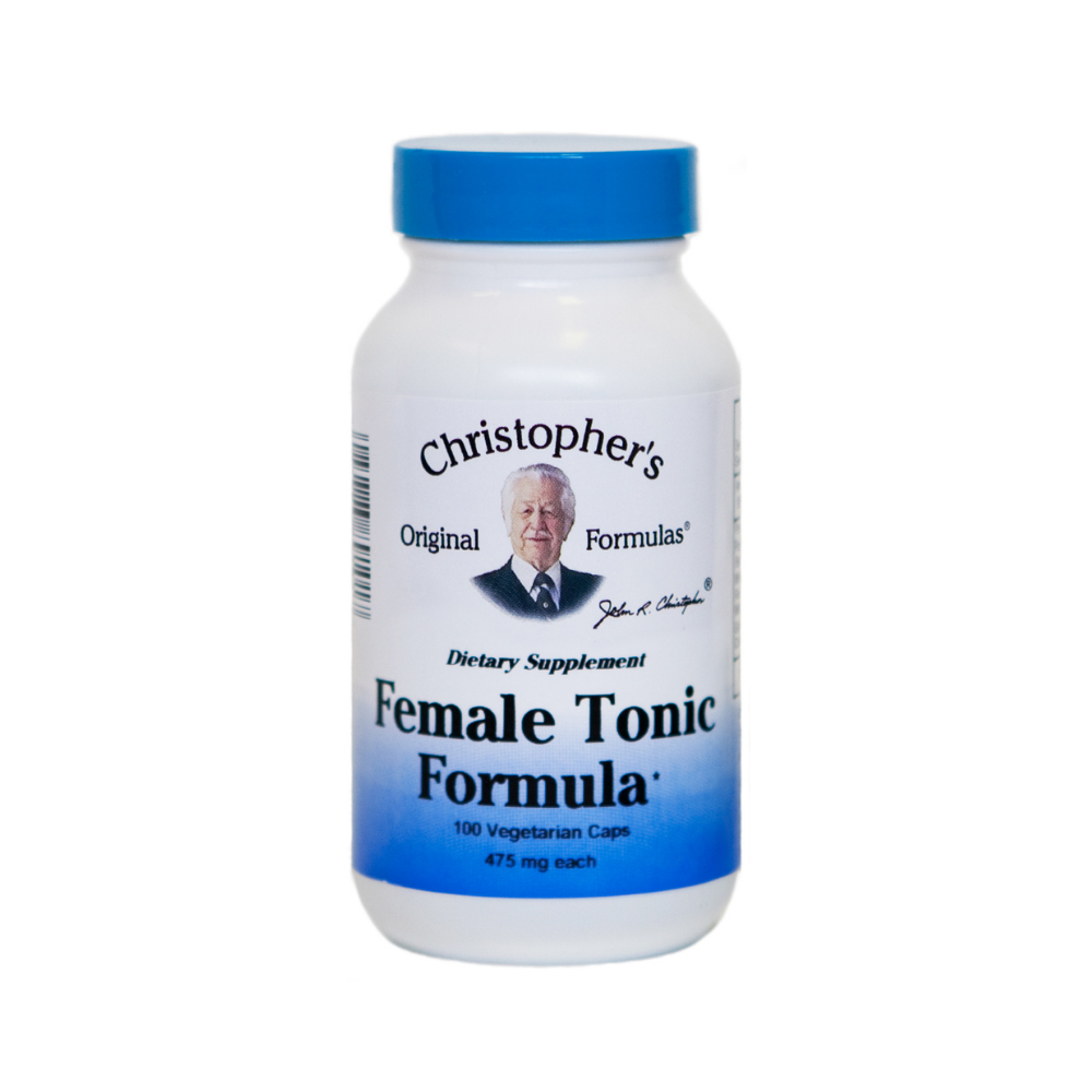Supplement bottle labeled 'Christopher's Original Formulas Female Tonic Formula' on a white background