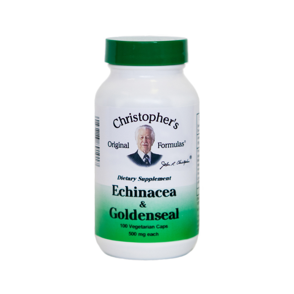 Supplement bottle labeled 'Christopher's Original Formulas' with Echinacea and Goldenseal on a white background