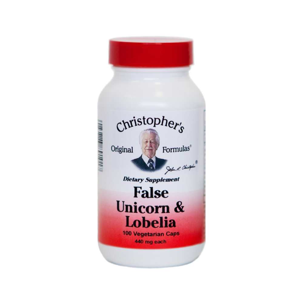 Supplement bottle labeled 'False Unicorn & Lobelia' by Christopher's Formulas on a white background