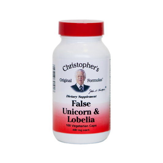 Supplement bottle labeled 'False Unicorn & Lobelia' by Christopher's Formulas on a white background