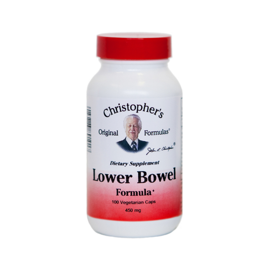 Supplement bottle labeled 'Christopher's Original Formulas Lower Bowel Formula' on a white background