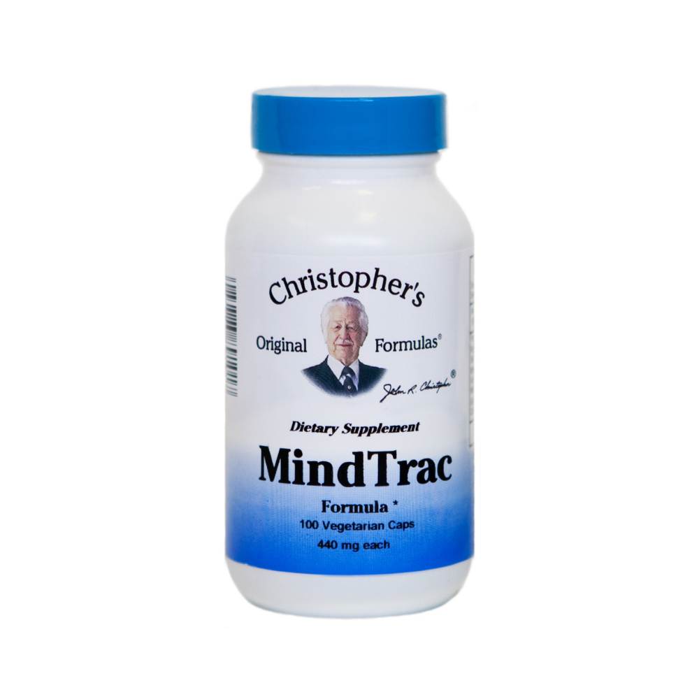 Supplement bottle labeled 'Christopher's Original Formulas MindTrac' on a white background