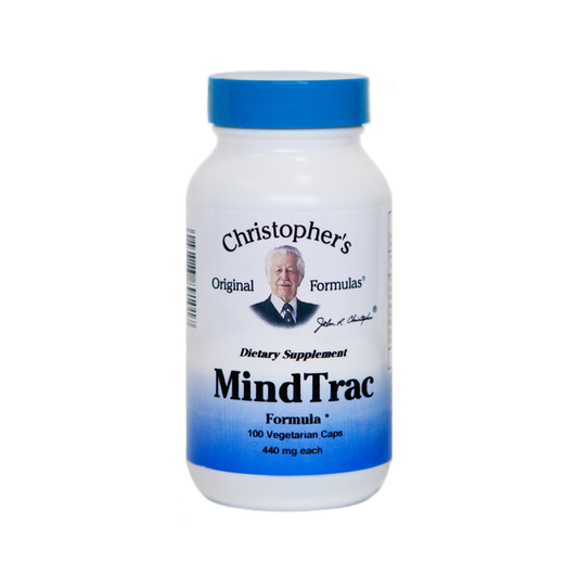 Supplement bottle labeled 'Christopher's Original Formulas MindTrac' on a white background