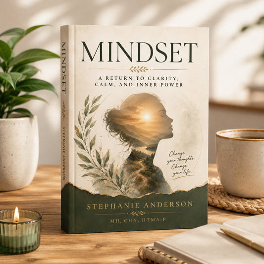 A hardcover book titled "MINDSET" by Stephanie Anderson stands upright on a wooden table, surrounded by a potted plant, a lit candle, a ceramic mug, and an open notebook in a warm, softly lit setting.